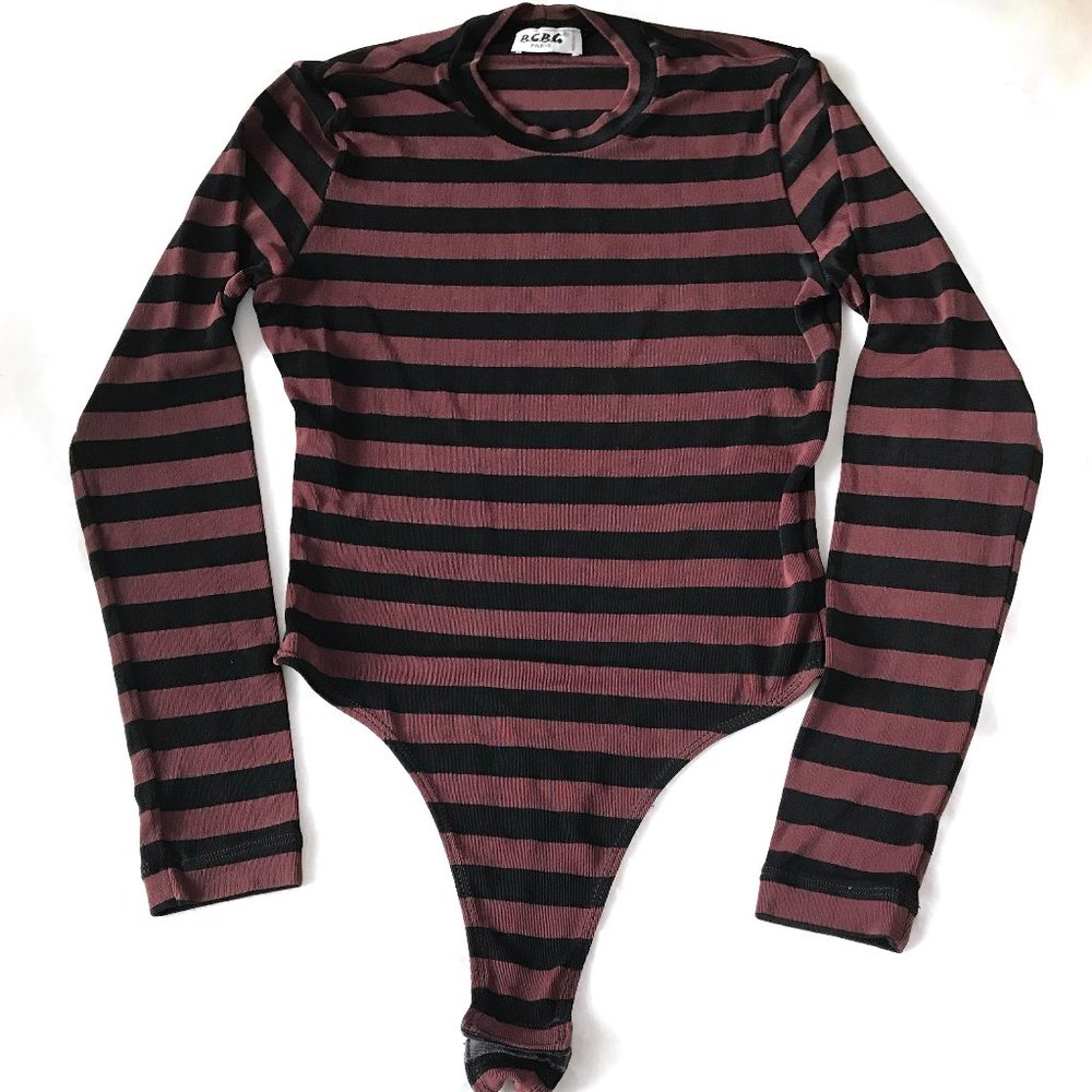 BCBG Black and Burgundy Striped Bodysuit